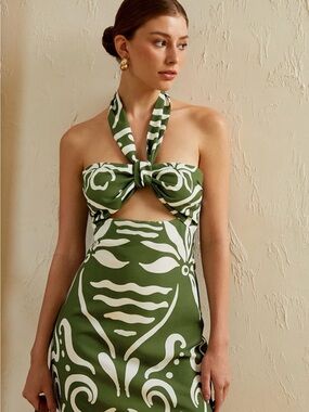 Commense Olive Green & White Halter Cutout Mini Dress
